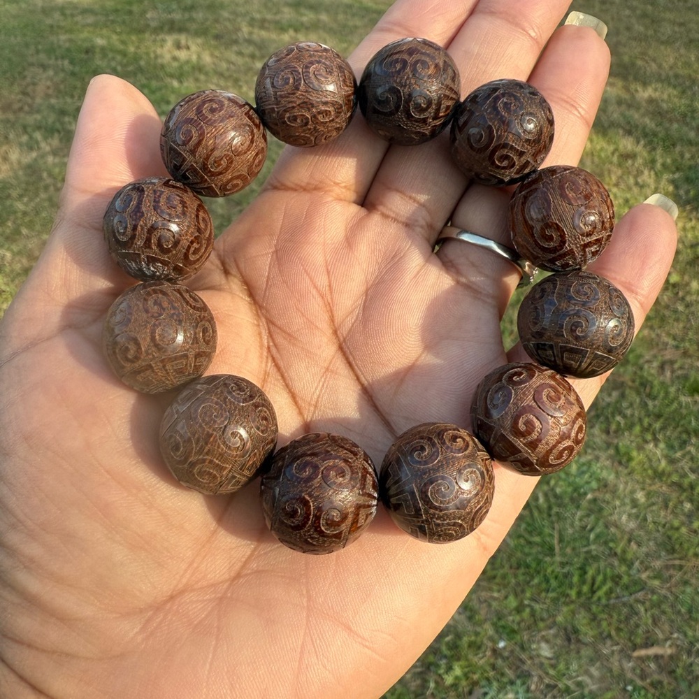Chinese Carved Wood Bead Lucky Mantra Bracelet